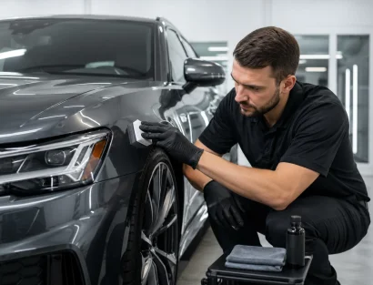 A technician in black gloves kneels beside a gray sports sedan, applying ceramic coating or paint protection to the front fender with an applicator pad.